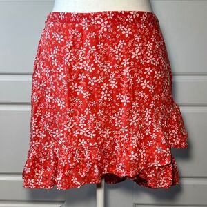 Roxy Red Coastal Bohemian Floral Ruffle Wrap Stetch‎ Waist Skirt Medium